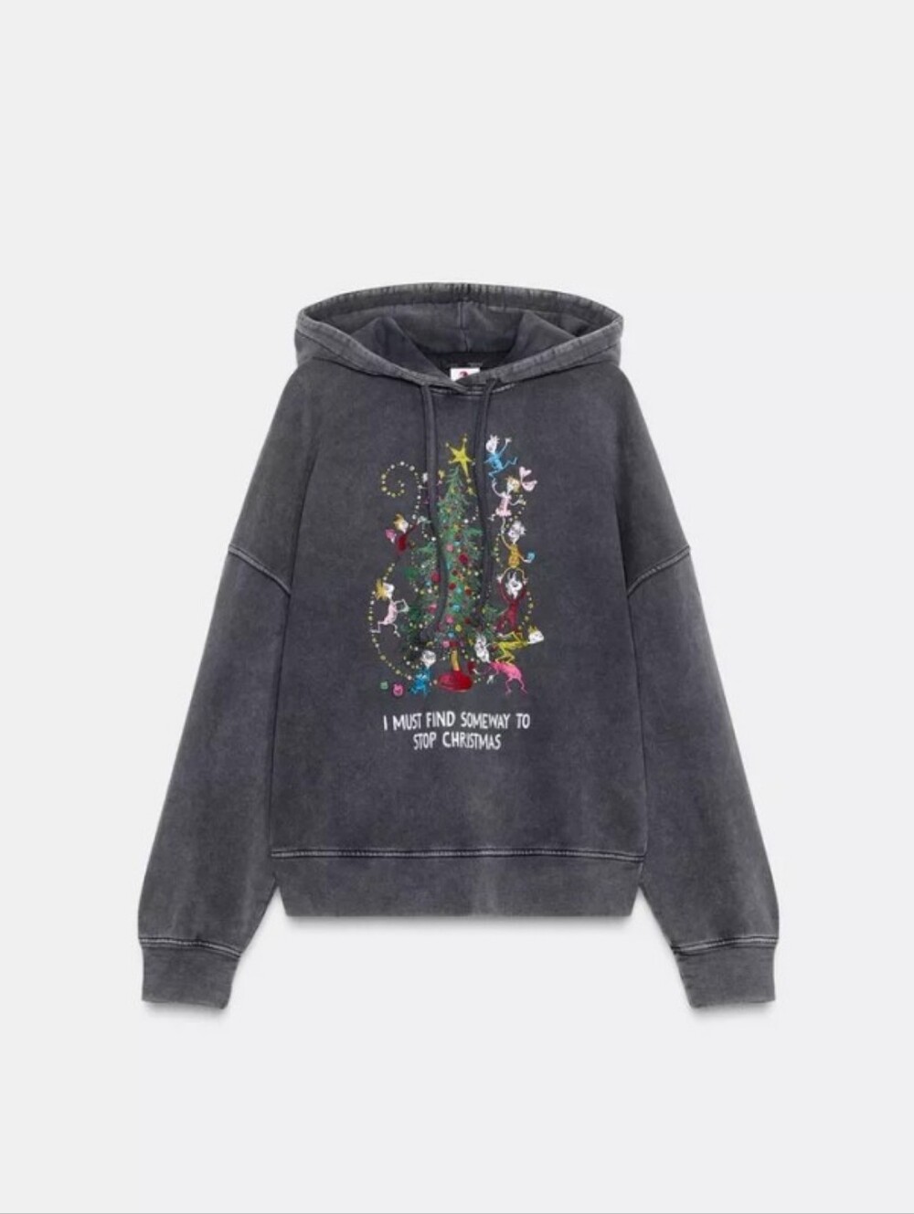 Zara Grinch Christmas Washed Effect Graphic Hoodie Sweatshirt Sz-L